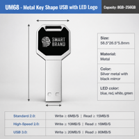 Memoria USB 2.0 de Lujo con Forma de Llave UM68, Nueva Memoria USB Metálica con Logotipo de Marca Personalizado con Láser LED, Retención de Datos de 10 Años, CE OHs