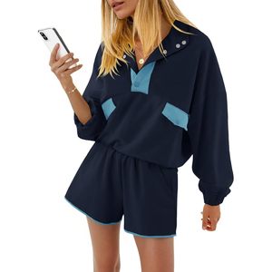 Fisoew Ensemble de survêtement 2 pièces pour femme, décontracté, sweat-shirt demi-boutonné color block avec short, respirant, tenues d'automne - Product Image 1