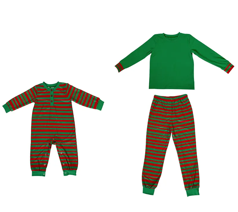 Hot sale winter red green stripe vintage christmas casual family kids pajamas