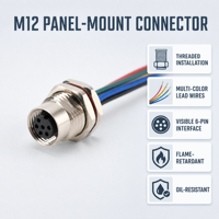 Conector Hembra Impermeable de Aluminio para Montaje en Panel M12 con Cable de Soldadura de 5 y 6 Pines