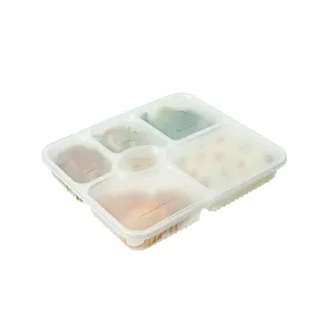 กล่องพลาสติก PP สำหรับเตรียมอาหารเข้าไมโครเวฟแบบใช้แล้วทิ้ง,กล่องอาหารกลางวันพร้อมฝาปิดแยกแบบสุญญากาศสีขาว6ช่อง