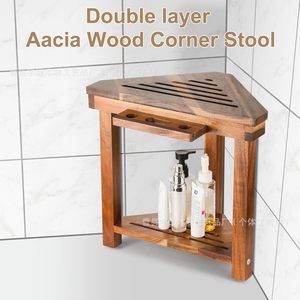 Wooden <b>bathroom</b> <b>stool</b>, corner double-layer storage rack, solid wood <b>bathroom</b> toiletries organizer - Product Image 5