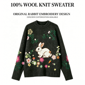 Maglione Girocollo Personalizzato ODM 100% Lana con Ricamo Coniglio - Maglieria OEM con <span class=keywords><strong>Motivi</strong></span> Forestali Unici, Nessun Infrangimento del Diritto d'Autore - Product Image 1