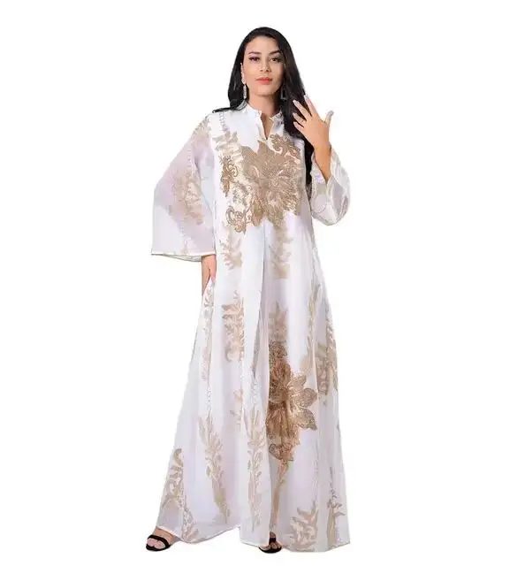 Sequins Embroidered Abaya Dress For Women Moroccan Kaftan Turkey Arabic Jalabiya White Islamic Ethnic Robe