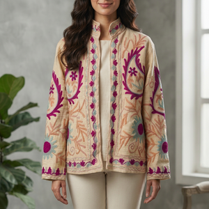 Handcrafted Ivory Velvet Suzani Jacket <b>Women</b> Colorful Floral Embroidery Ethnic Bohemian B2B Wholesale Designer <b>Coat</b> - Product Image 1