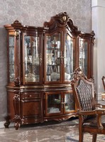 Table à manger en bois sculpté à la main de style antique européen brun foncé avec 8 chaises en cuir capitonnées à boutons