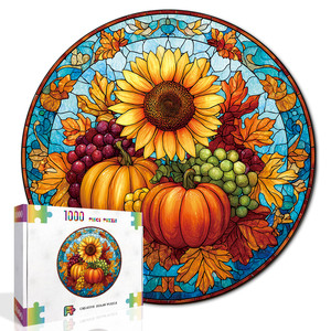 Puzzle rond style vitrail Récolte d'automne avec tournesols, citrouilles, raisins et feuilles pour enfants et adultes, jouet de puzzle 3D - Product Image 2