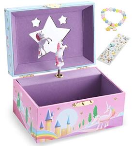 Girl's Musical Jewelry Storage Box With Spinning Unicorn Glitter Rainbow And Stars Design Jewelry Box with 2 Pullout Drawers
