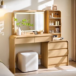 Coiffeuse moderne Aitjunz en bois massif et fer avec miroir lumineux, 5 tiroirs et station de charge - Table de maquillage de 50 pouces pour chambre à coucher (Nouveau) - Product Image 1