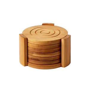Posavasos de madera con soporte para bebidas frías y calientes, posavasos de bambú de diseño contemporáneo, redondo, paquete de 6 unidades