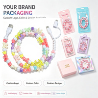 Câble de données USB perlé 3-en-1 coloré avec perles nœud et perles rondes, cordon de charge décoratif fait main pour téléphone portable