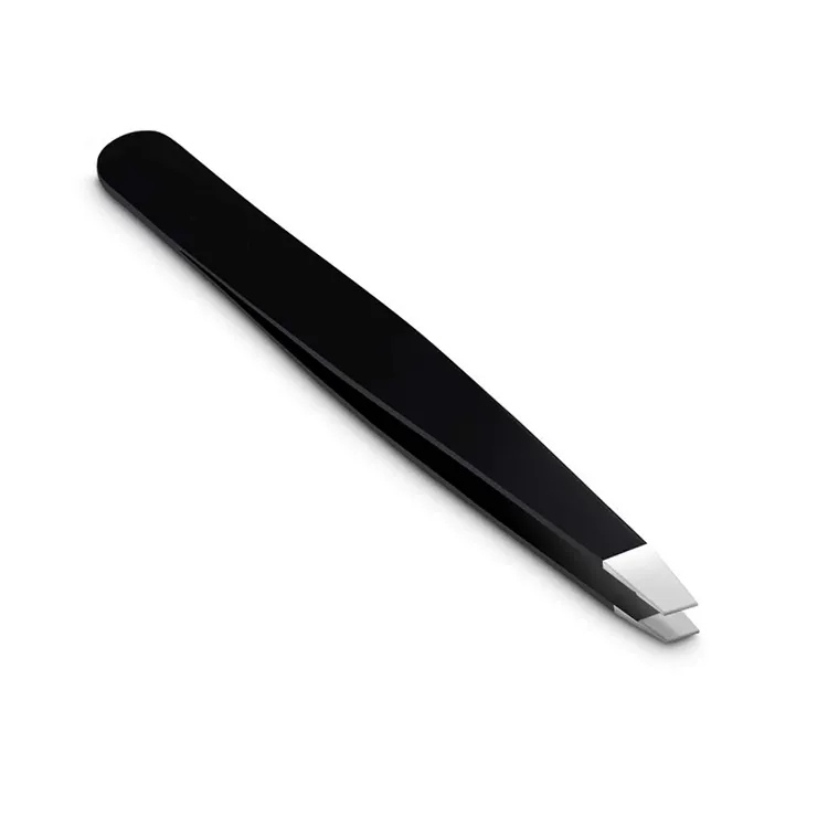 Non-Slip & Pinch Easy Professional Black Coated Stainless Steel Slanted Cosmetic Eyebrow Tweezers for Hair Removal