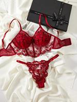 Conjunto de Lencería Sexy Transparente con Corsé y Sujetador Rojo de Encaje con Control Ligero para Mujeres y Chicas