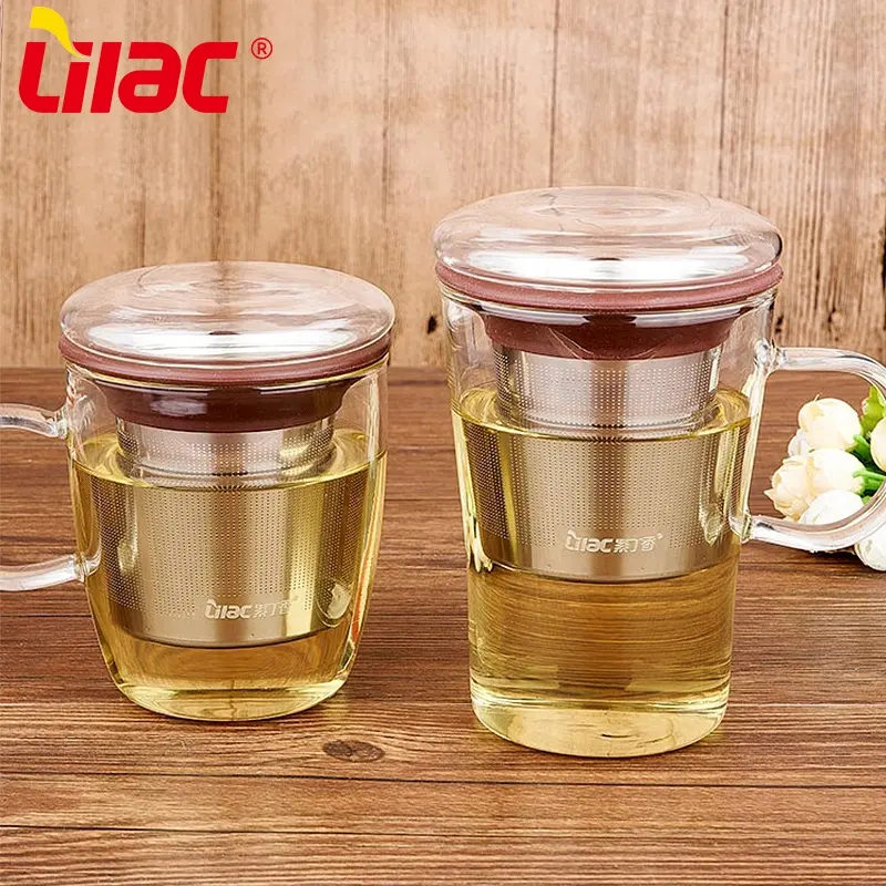 Lilac BSCI LFGB 480ml 500ml pemasok grosir produsen cangkir kustom cangkir teh kaca bening dengan tutup dan infuser