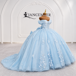 Lsdz023-Pz Impresionante Vestido de Quinceañera Azul Cielo con Volantes, Manga Corta, Apliques de Encaje Floral Brillante, Estilo Princesa, Jancemebr - Product Image 2