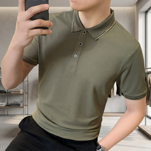 เสื้อโปโลแขนสั้นสีเขียวมะกอกสำหรับผู้ชาย ผ้าฝ้ายถัก สวมใส่สบาย สีพื้น ระบายอากาศดี ดีไซน์กระดุม ทรงปกติ - Product Image 4