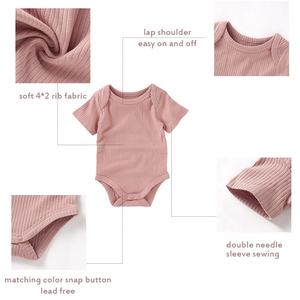 ملابس الطفل الجمبسوت البناتي الصيفي لون واحد مضلع كنزة الصيف المنزلية قصيرة الأكمام فقاعة بدلات الجسم للبنات الرضع الجمبسوت - Product Image 4