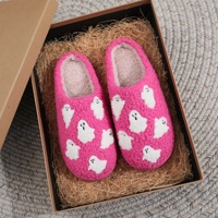 Sepatu Rumah Anti-Slip Tahan Lama untuk Pria Wanita Pasangan, Berbahan Plush Hangat Musim Dingin dengan Lapisan Bulu Buatan, Desain Kartun Hantu Halloween Terbaru