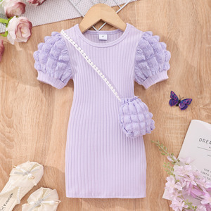 Abito a bolle manica corta per ragazze tessuto a maglia leggera con decorazione a bottone di piccole medie dimensioni per bambini tinta unita estate - Product Image 2