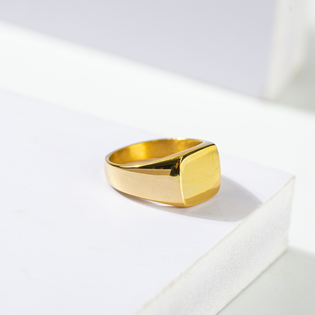 Minimalist Plain Square Men Custom Brand Logo Ring High Polish Stainless Steel 18K Gold Plated Finger Stamp Geometric Ring