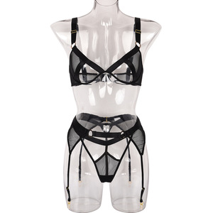 Set di Lingerie Sexy in rete erotica da <span class=keywords><strong>donna</strong></span> <span class=keywords><strong>rosso</strong></span> con reggiseno nero ritagliato e giarrettiera con capezzolo che mostra biancheria intima trasparente - Product Image 6