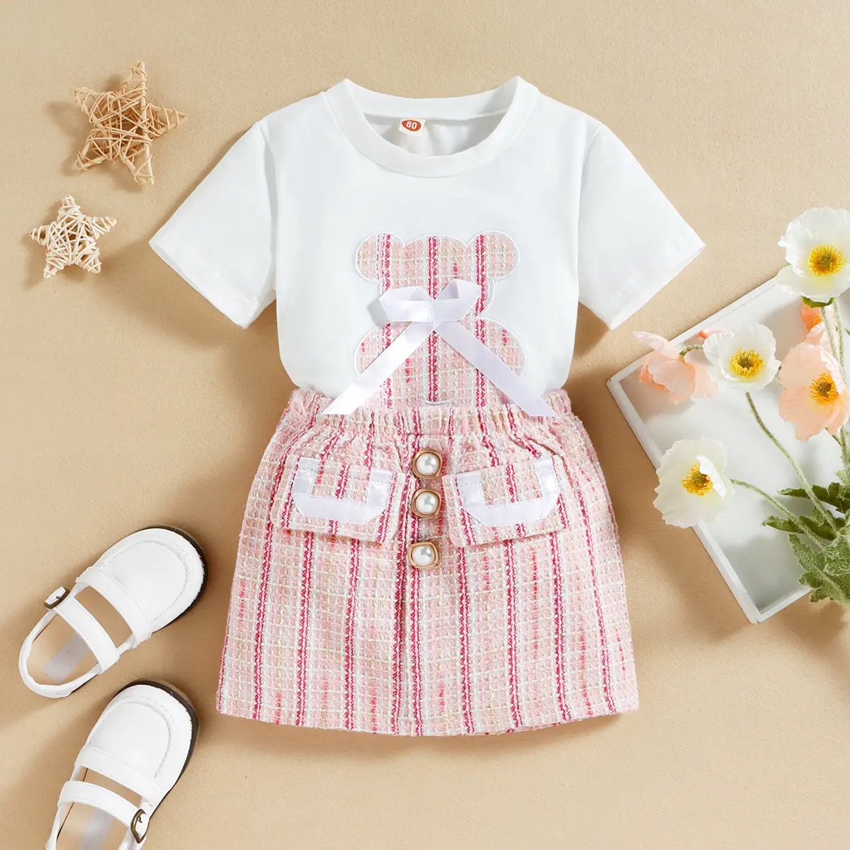 2022 Summer Cute Girls Clothing Sets Kids Wear Shorts Sleeve Bear Print T Shirt Plaid Skirt 2PCS Suit Toddler Clothes