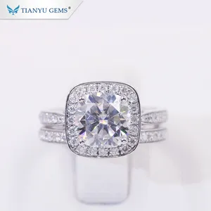 Tianyu Gems Jewelry Wedding Set 14K AU585 White Gold 2.0ct DEF VVS Cushion Halo Moissanite Engagement Rings