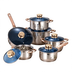 Ensemble de casseroles et poêles classiques de qualité supérieure en acier inoxydable antiadhésif avec couvercle en verre bleu pour la cuisine à domicile - Product Image 1