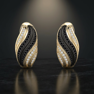 Pendientes de Aro con Ondas de Dos Tonos y Diamantes Negros Naturales Redondos en Oro de 10K, 14K, 18K y Plata 925, 935, Joyería Fina - Product Image 1