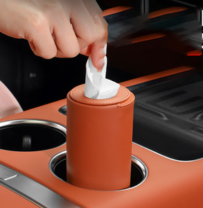 Caja de pañuelos de coche de cuero PU de fábrica YY, soporte de papel con ranura para taza interior, accesorios de almacenamiento de pañuelos redondos de lujo ligeros - Product Image 1