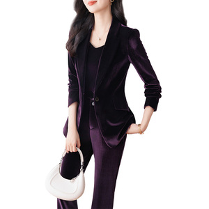 Women Velvet Suit Set Three Quarter Sleeve Anti-Wrinkle Office Lady Daily Commute Work Wear - Product Image 5