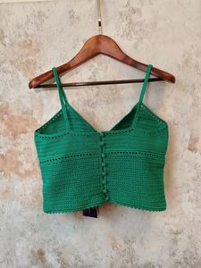 Top informal con cuello en V de lana/cachemira verde tejido a mano con tela transpirable y logotipo frontal - Product Image 5