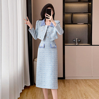 Robe midi élégante pour femme, style deux pièces, en tweed, à manches longues bouffantes, col et double boutonnage, coupe moulante, pour le bureau, automne-hiver
