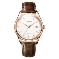 Montre mécanique automatique pour hommes, cadran couleur or rose, bracelet en cuir, affichage de la date, montre-bracelet habillée