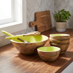 7 Service de salades en bois, manga avec émail, grands petits bols, cuillère fourchette - Product Image 2