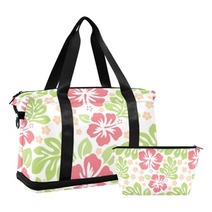 Custom Recycled Eco Friendly <b>Small</b> Hibiscus Print Overnight <b>Bag</b> Expandable Foldable Sports Gym <b>Women</b> <b>Duffle</b> <b>Bag</b> - Product Image 1