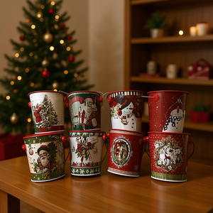 Christmas Decorative Iron Buckets Set Of 8 Round Holiday Storage Containers For Home Decoration - Product Image 2