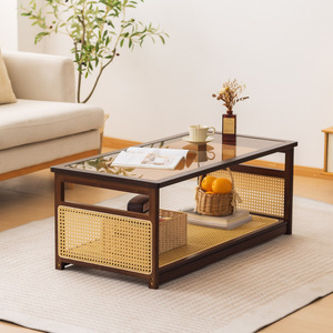 Rectangular Rattan And Glass <b>Coffee</b> <b>Table</b> Tempered Glass Top Solid Wood Nordic Style Living Room Home Use - Product Image 1