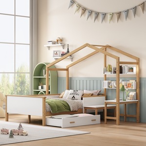 เตียงบ้านไม้สีขาวพร้อมลิ้นชักและโต๊ะเขียนหนังสือสำหรับห้องเด็ก เตียงเก็บของไม้สน เฟอร์นิเจอร์เด็กอเนกประสงค์ - Product Image 1