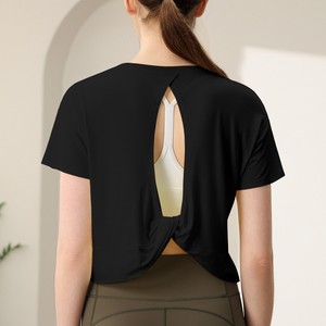T-shirt de <span class=keywords><strong>sport</strong></span> Aoyema pour <span class=keywords><strong>femme</strong></span>, dos croisé, col rond, coupe ample, décontracté, pour la course et l'entraînement estival - Product Image 5