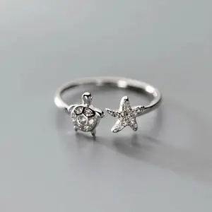简约可爱海龟海星戒指动物锆石戒指可调S925女性银戒指