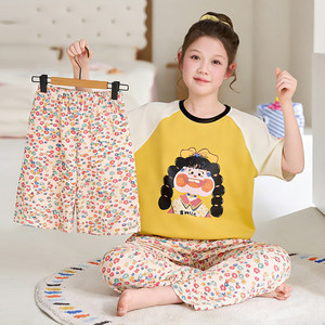 Pyjamas d'été pour enfants OEM/ODM à manches courtes et pantalons/culottes, en pur coton imprimé, respirants et anti-humidité, pour garçons et filles - Product Image 4
