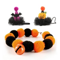Ensemble d'accessoires pour animaux de compagnie pour Halloween, 2 pièces : coiffe chauve-souris et collier pompon orange et noir pour chats