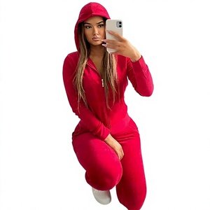 Women's <b>Red</b> Hooded Zip-Up Jumpsuit Full Sleeve Knitted Spandex Polyester Solid Color Breathable Autumn Wear - Product Image 1