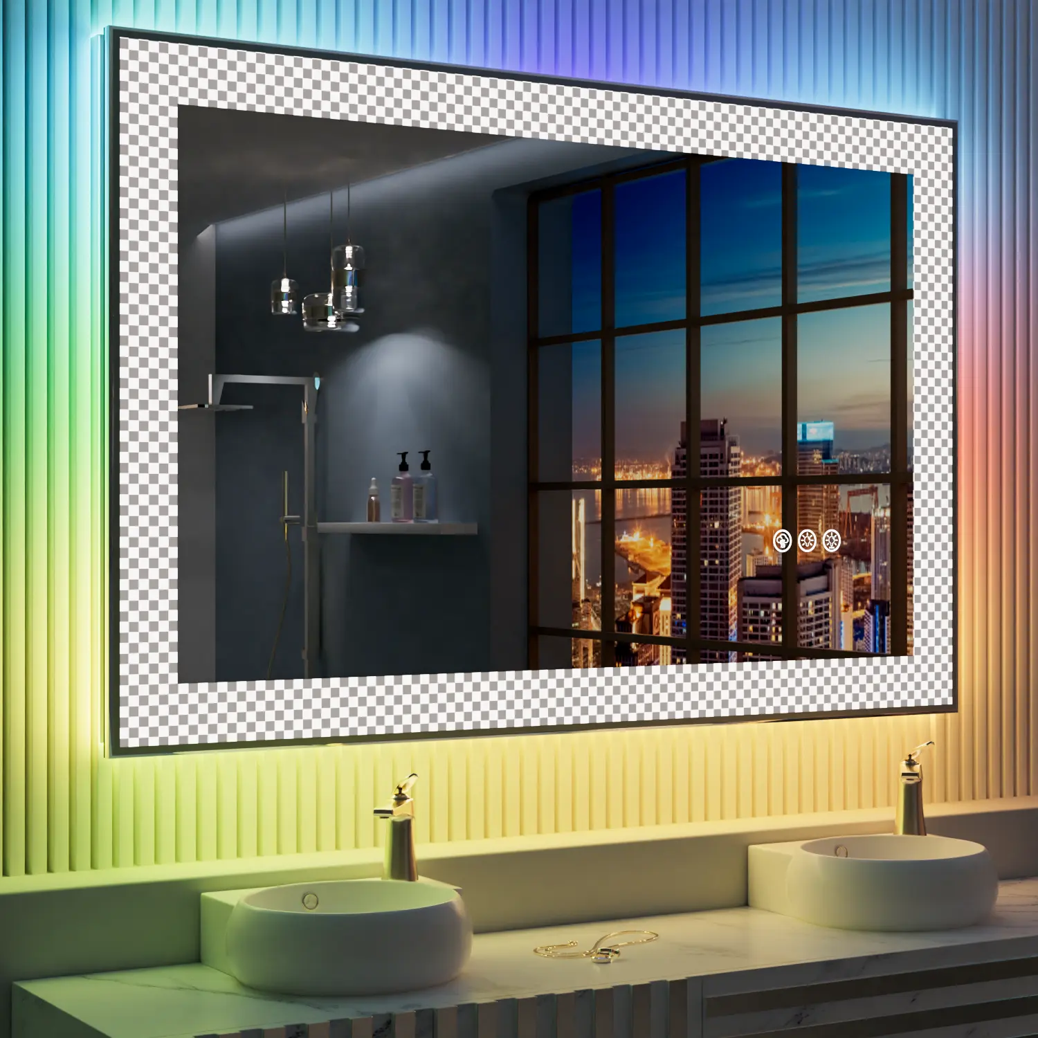 Vanity Wall Make Up Mirror Custom Smart Touch Screen cornici quadrate Magic Led specchio da bagno RGB Light