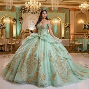 Rsm261096 Romantic Beaded Corset Gold Lace Applique Mint Green <b>Glitter</b> Tulle <b>Ball</b> Gown Quinceanera Dress Jancember - Product Image 1