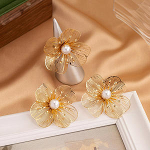 Wholesale <b>Jewelry</b> <b>Set</b> Hollow Mesh Flower Earrings Sweet Exaggerated <b>Pearl</b> Ring Earrings - Product Image 2