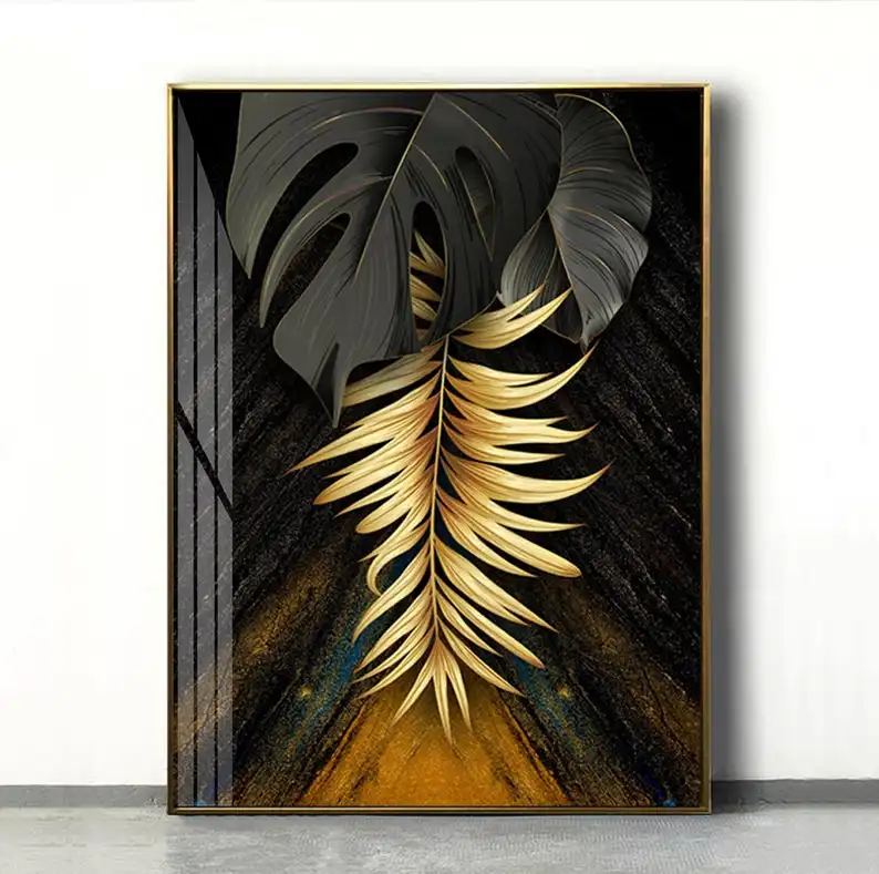 Set of 2 Black and Golden Leaves prints leaf wall art canvas for Bedroom Living Room Home Decor