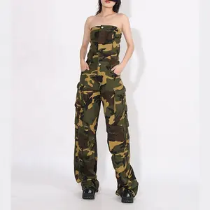 Twotwinstyle Groothandel Camouflage Losse Cargo Jumpsuits Strapless Mouwloze Hoge Taille Jumpsuits Voor Dames 2023