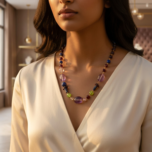Women's Bohemian Beaded <b>Silver</b> Plated Crystal Necklace with Amethyst and Multicolor Stones Everyday Wear Jewelry - Product Image 2